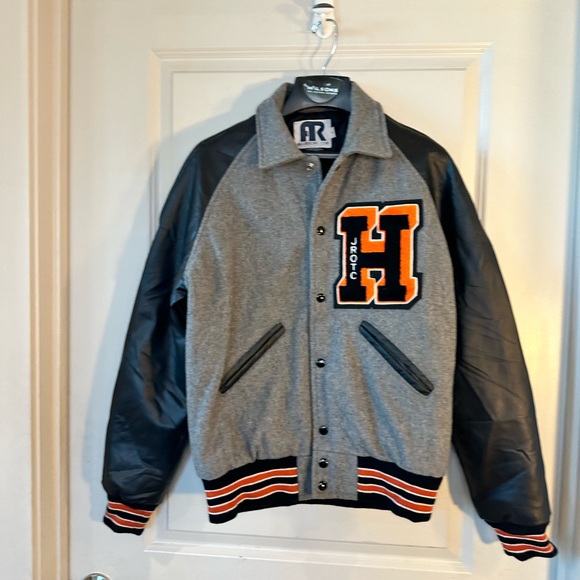 Vintage Letterman Varsity JROTC H Wool & Faux Leather Grey/Black/Orange Bomber,S - Picture 8 of 10